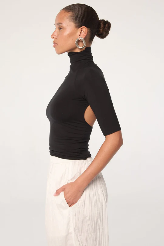 Black Open Back Half Sleeve Turtleneck Top