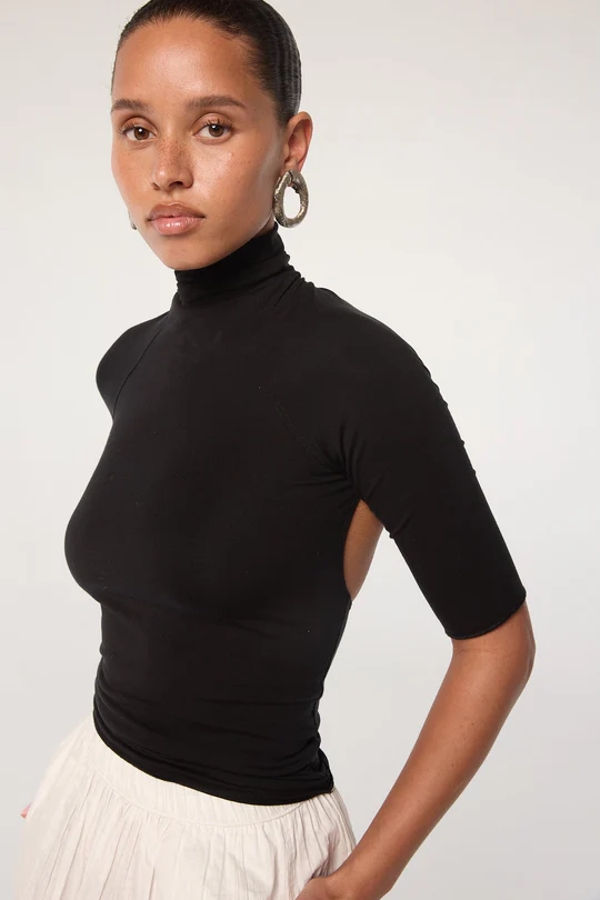 Black Open Back Half Sleeve Turtleneck Top