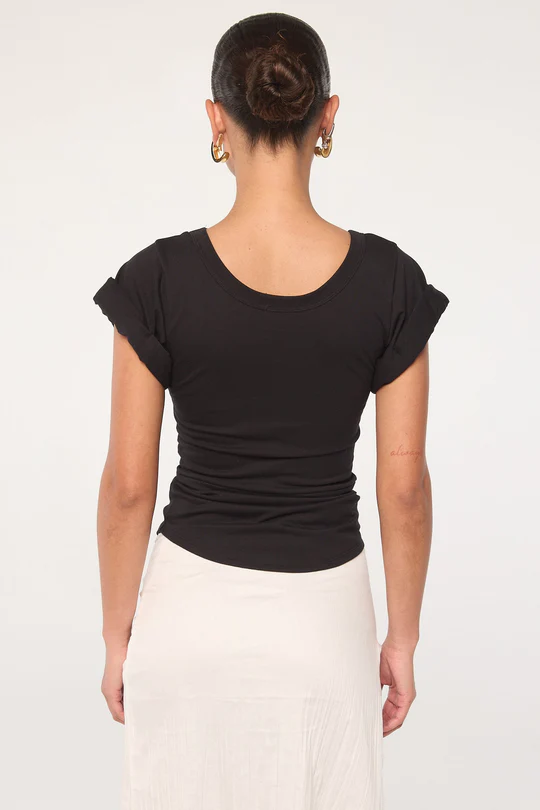 Black Roll Sleeve Scoop Neck T-Shirt