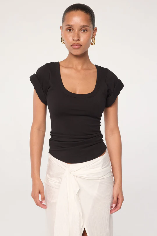 Black Roll Sleeve Scoop Neck T-Shirt