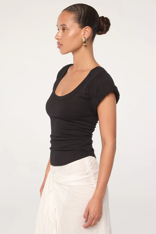Black Roll Sleeve Scoop Neck T-Shirt