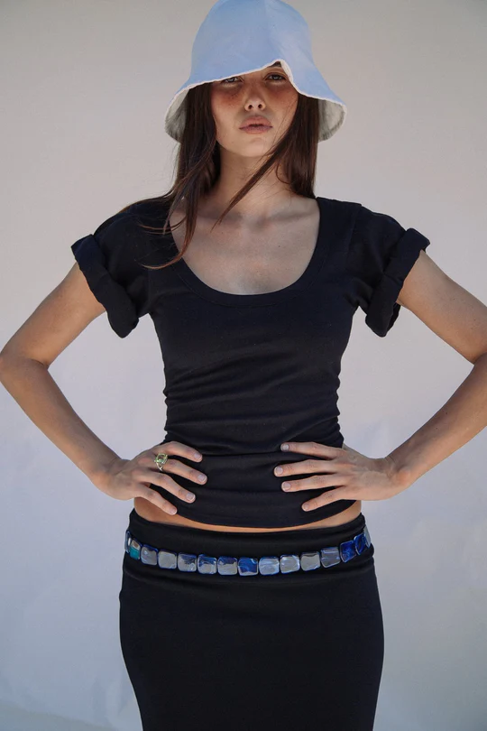 Black Roll Sleeve Scoop Neck T-Shirt