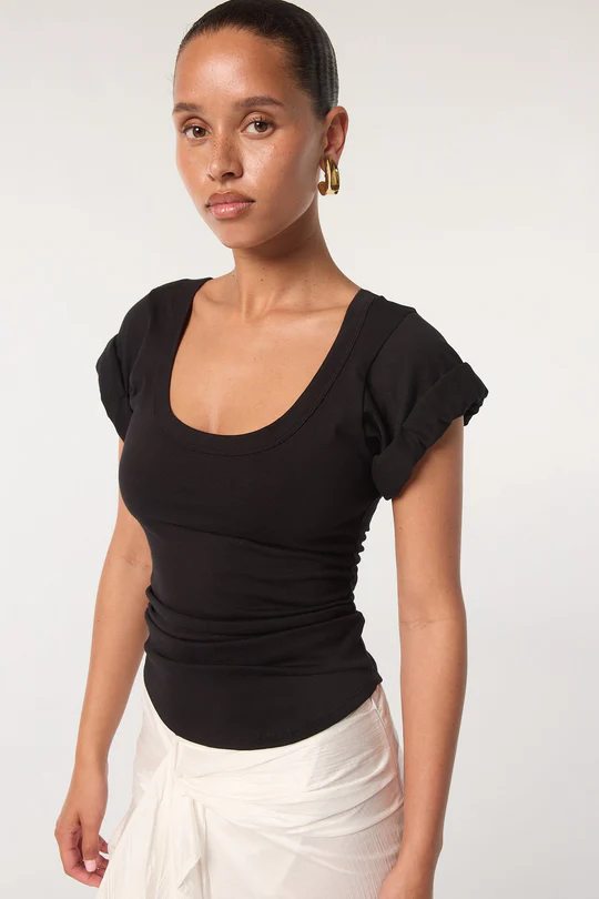 Black Roll Sleeve Scoop Neck T-Shirt
