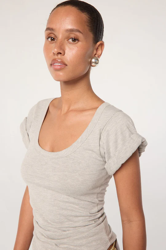 Heather Grey Roll Sleeve Scoop Neck T-Shirt