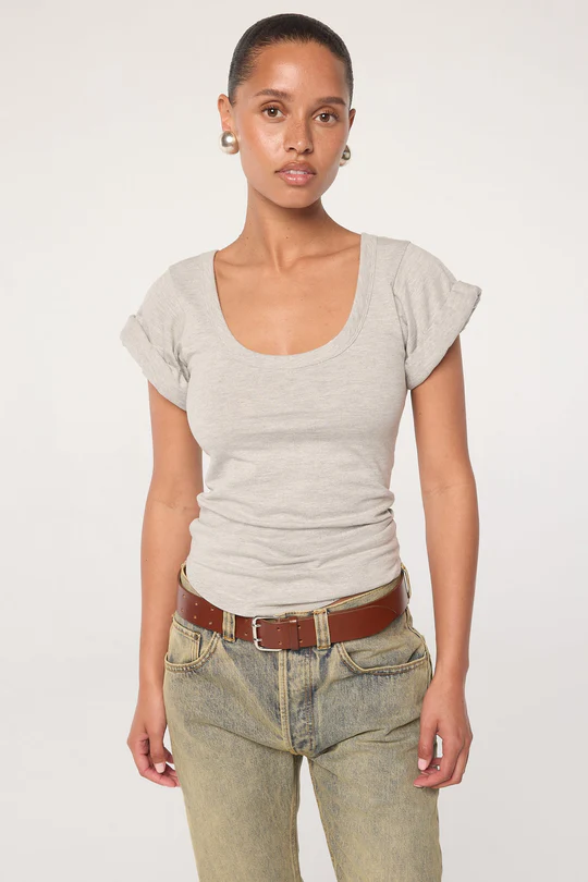 Heather Grey Roll Sleeve Scoop Neck T-Shirt