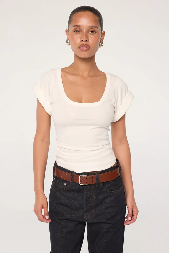 White Roll Sleeve Scoop Neck T-Shirt
