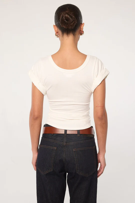 White Roll Sleeve Scoop Neck T-Shirt