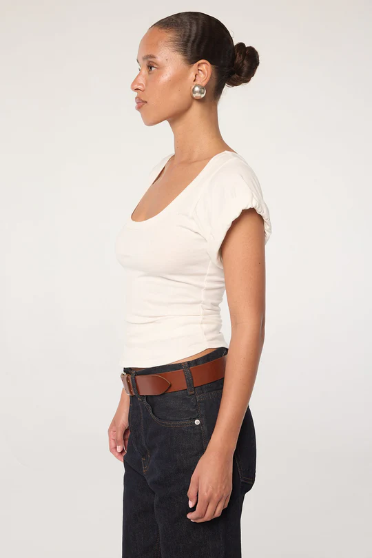 White Roll Sleeve Scoop Neck T-Shirt