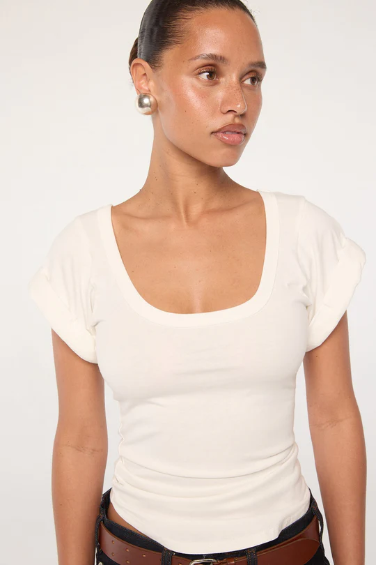 White Roll Sleeve Scoop Neck T-Shirt