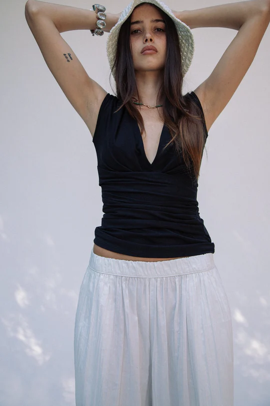 Black Jersey Hand-Pleated Tank Top