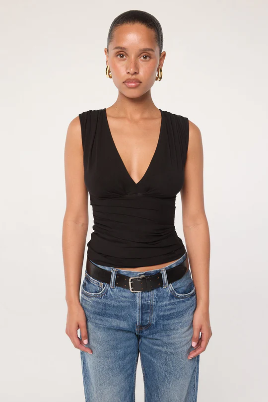 Black Jersey Hand-Pleated Tank Top