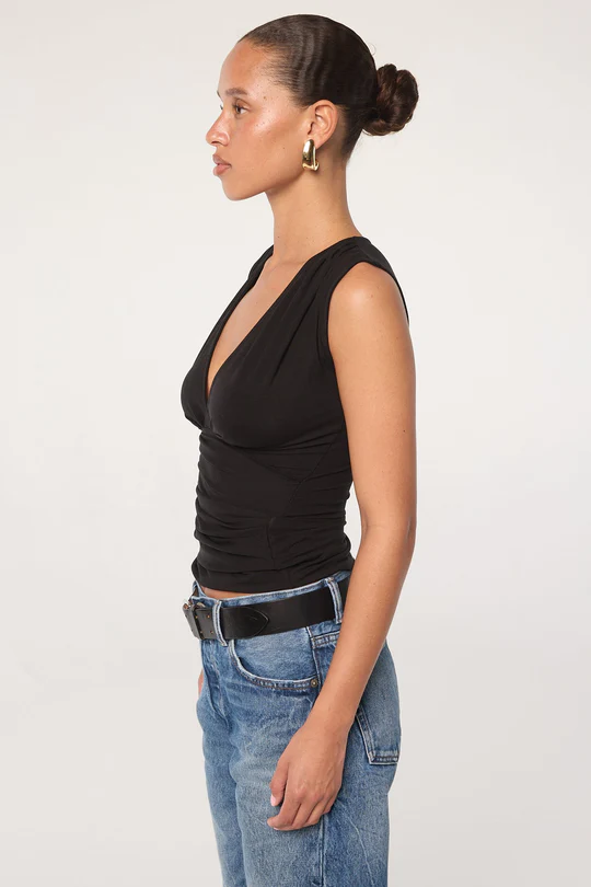 Black Jersey Hand-Pleated Tank Top