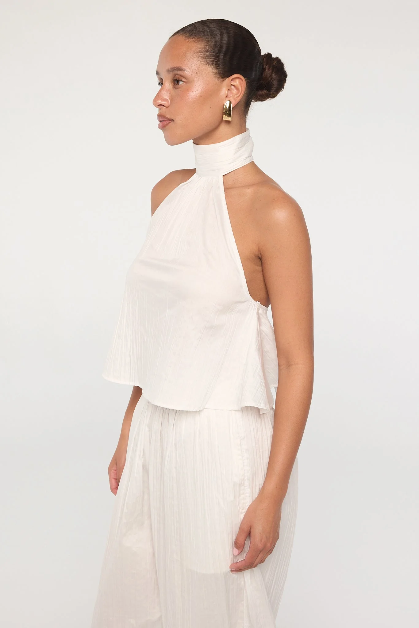 White Pleated Cotton Halter Top
