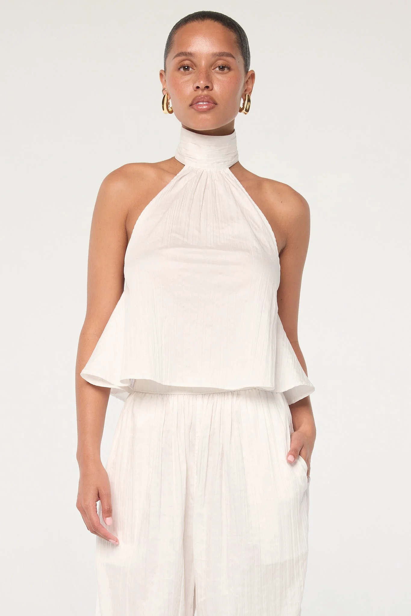 White Pleated Cotton Halter Top