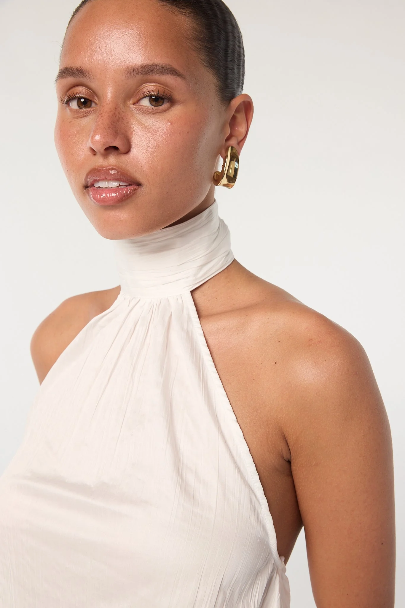 White Pleated Cotton Halter Top