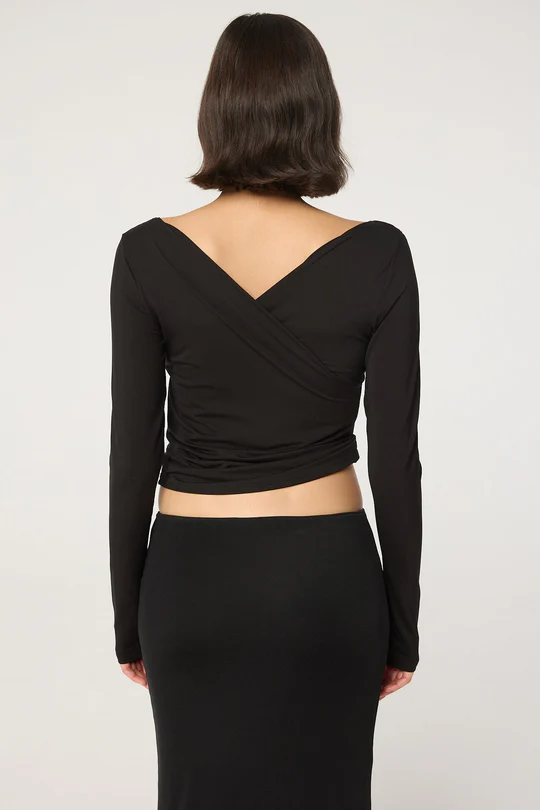 Black Pleated Deep V Neck Long Sleeve Top