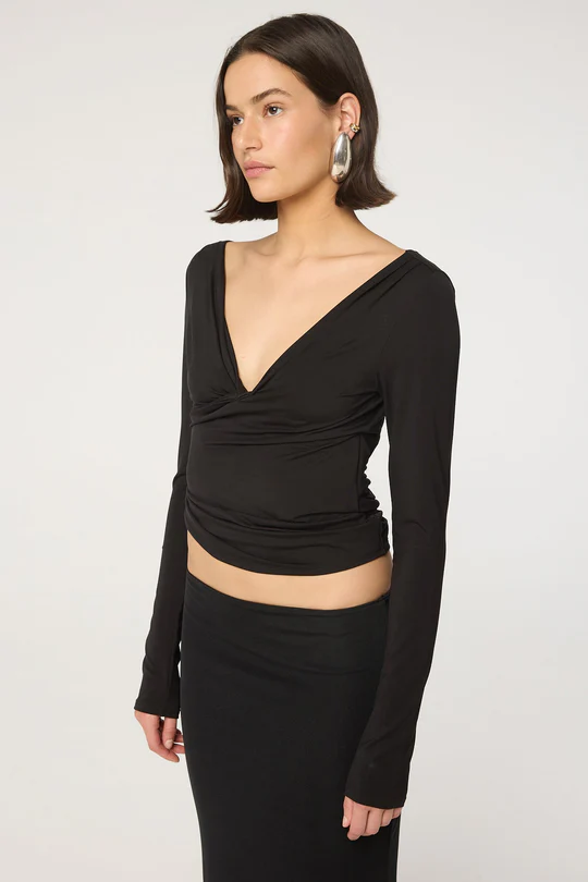 Black Pleated Deep V Neck Long Sleeve Top