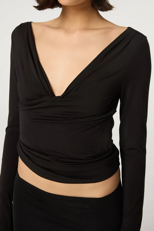 Black Pleated Deep V Neck Long Sleeve Top