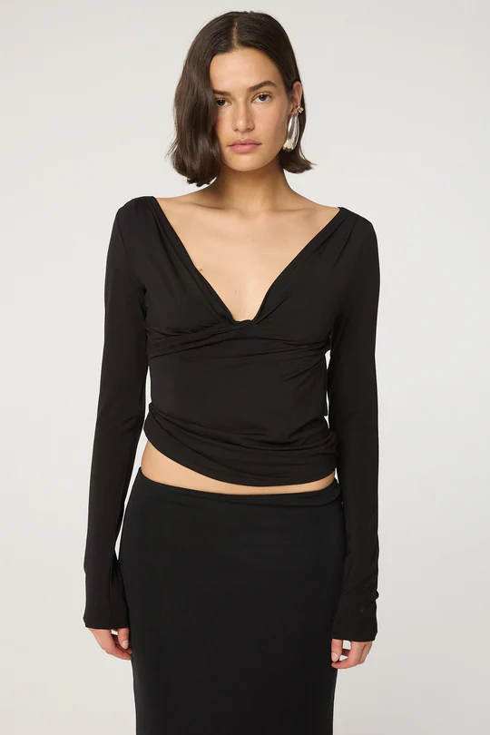 Black Pleated Deep V Neck Long Sleeve Top