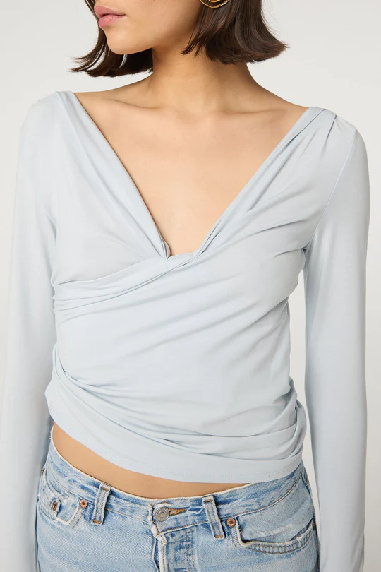 Powder Blue Pleated Deep V Neck Long Sleeve Top