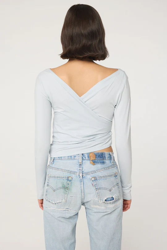 Powder Blue Pleated Deep V Neck Long Sleeve Top