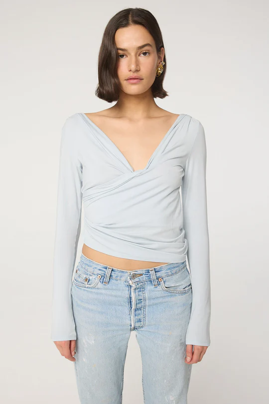 Powder Blue Pleated Deep V Neck Long Sleeve Top