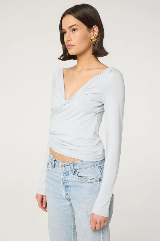 Powder Blue Pleated Deep V Neck Long Sleeve Top