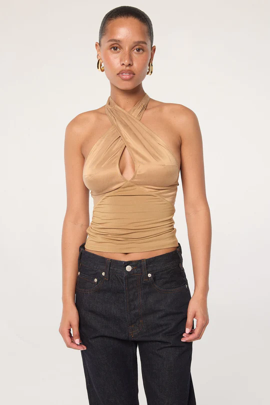 Camel Neck Tie Keyhole Halter Top