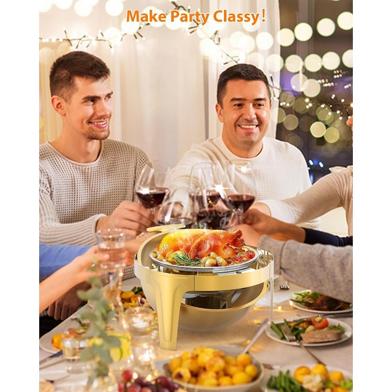 Roll Top Chafing Dish Set, 6Qt Round Stainless Steel Chafing Dish for Buffet with Glass Window Full Size Food Pan for Catering Parties Banquets, Gold, 2 of 9