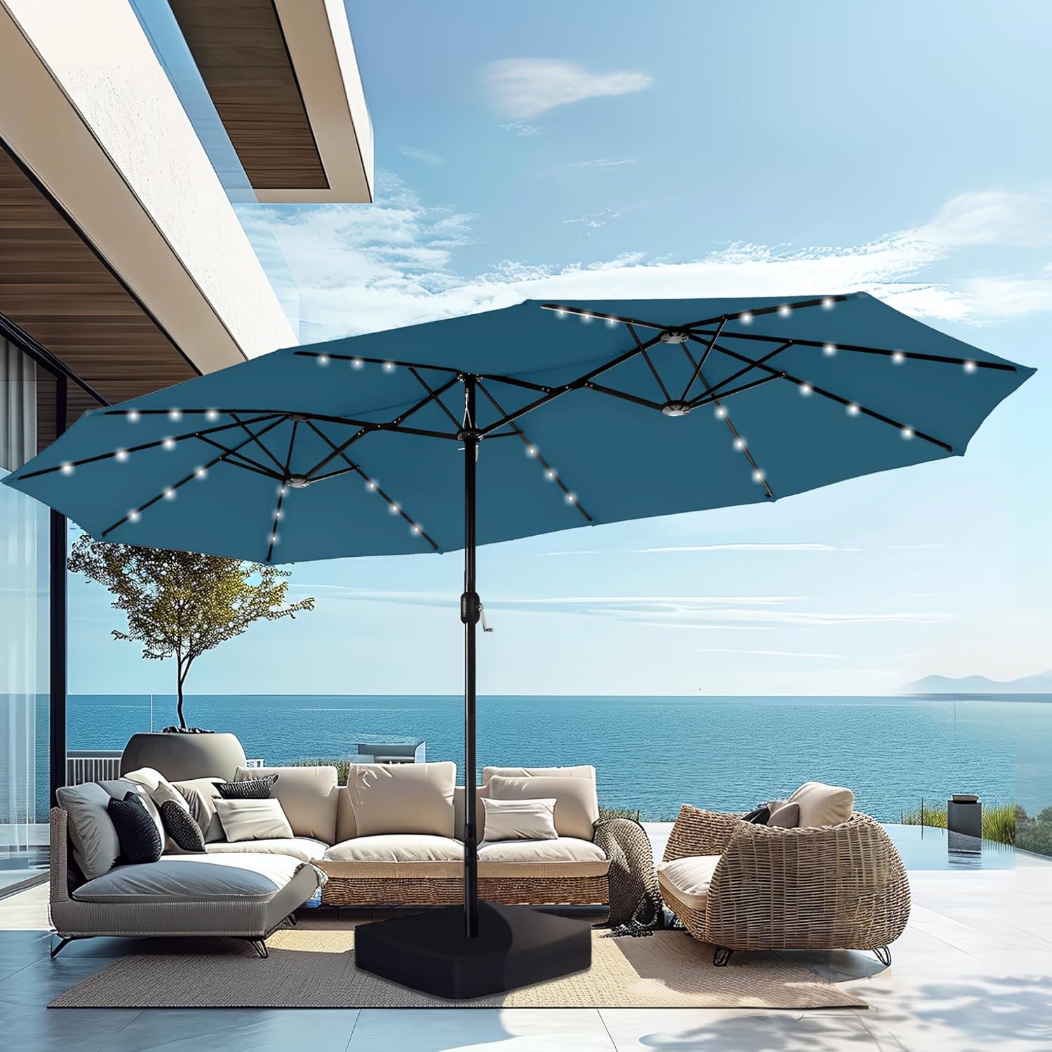 15ft Extra Large Solar LED Double-Sided Umbrella w/ Stand