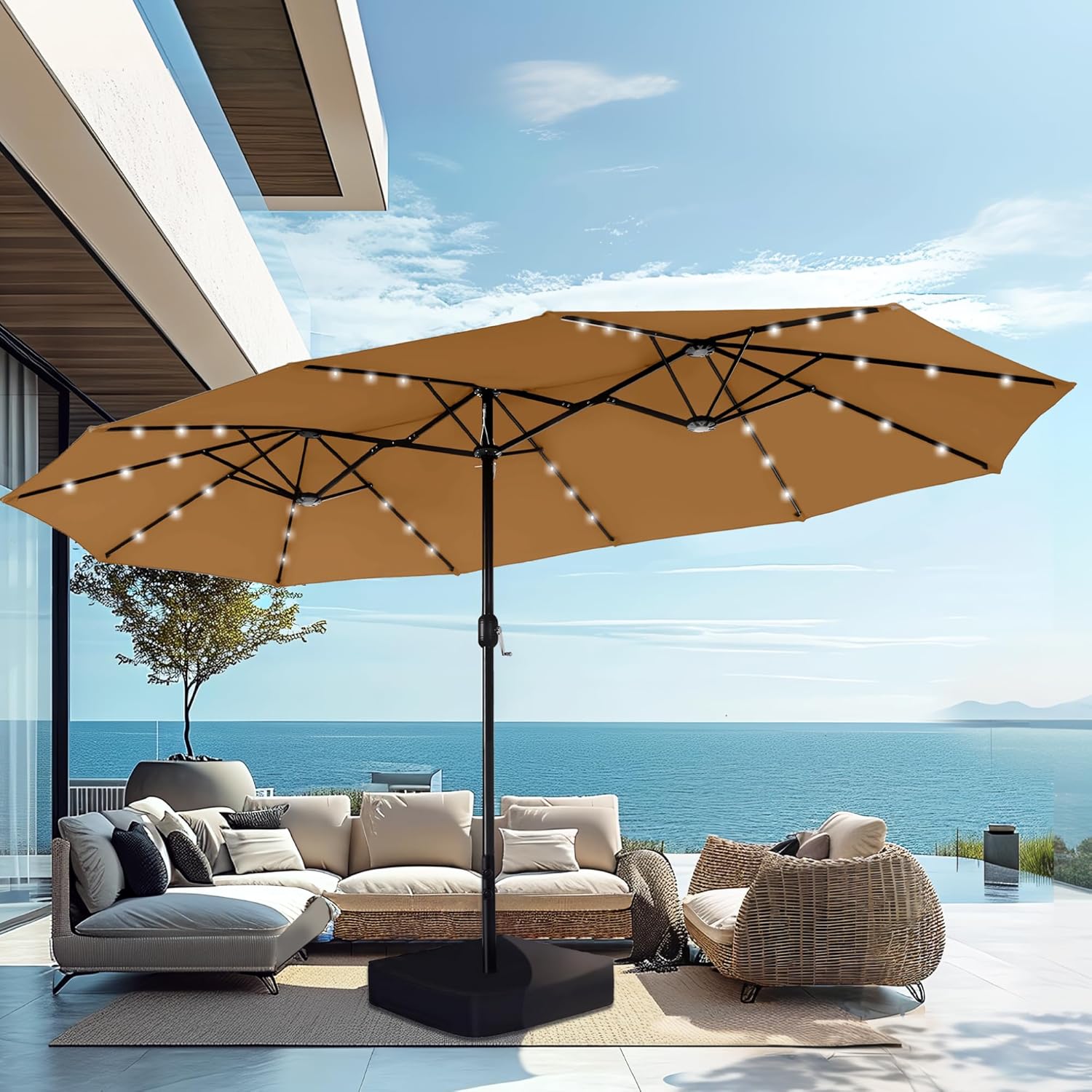 15ft Extra Large Solar LED Double-Sided Umbrella w/ Stand
