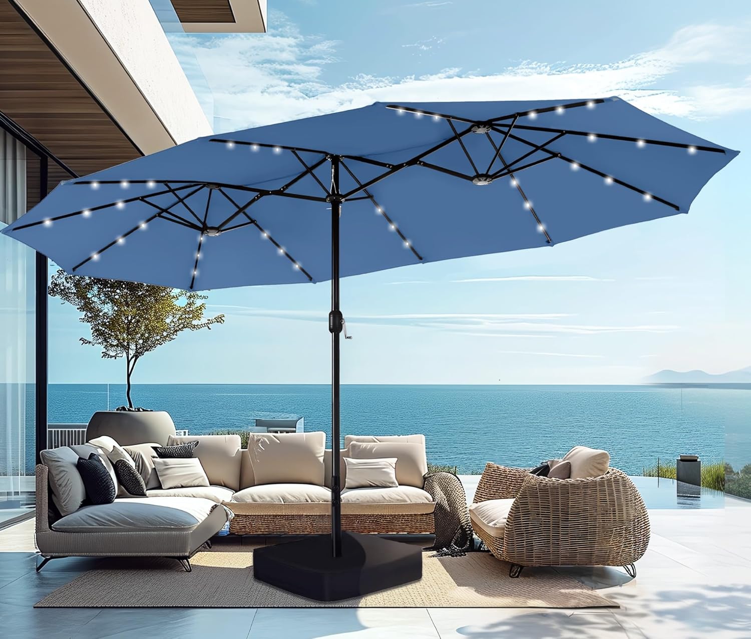 15ft Extra Large Solar LED Double-Sided Umbrella w/ Stand