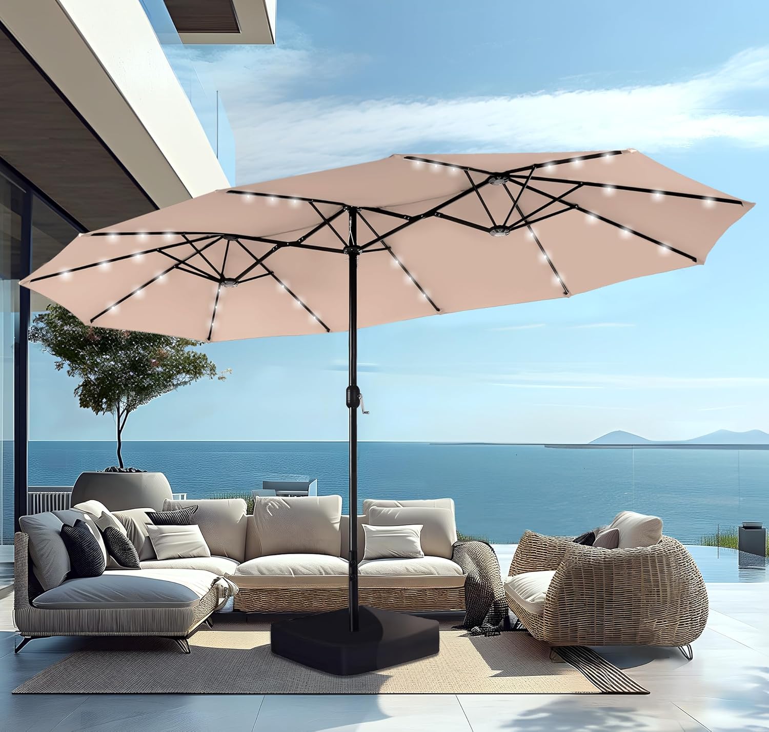 15ft Extra Large Solar LED Double-Sided Umbrella w/ Stand