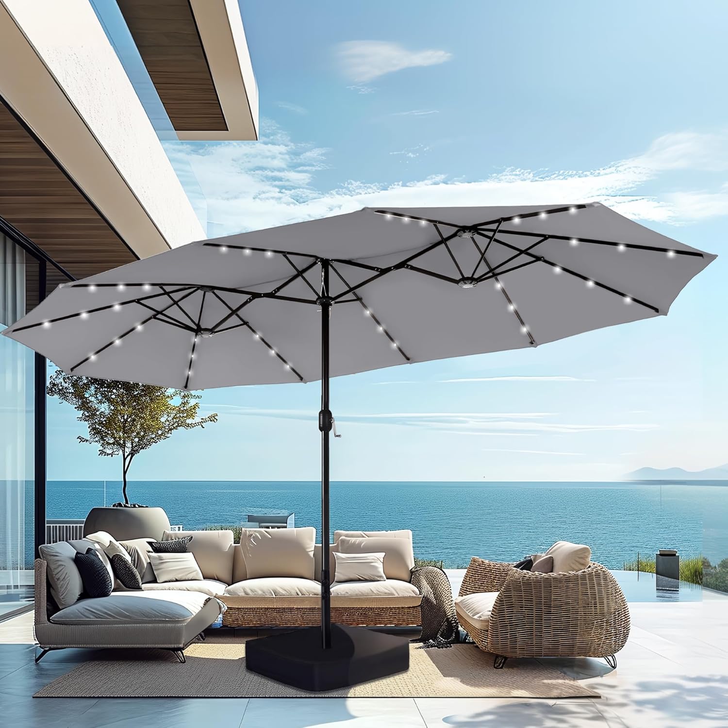 15ft Extra Large Solar LED Double-Sided Umbrella w/ Stand