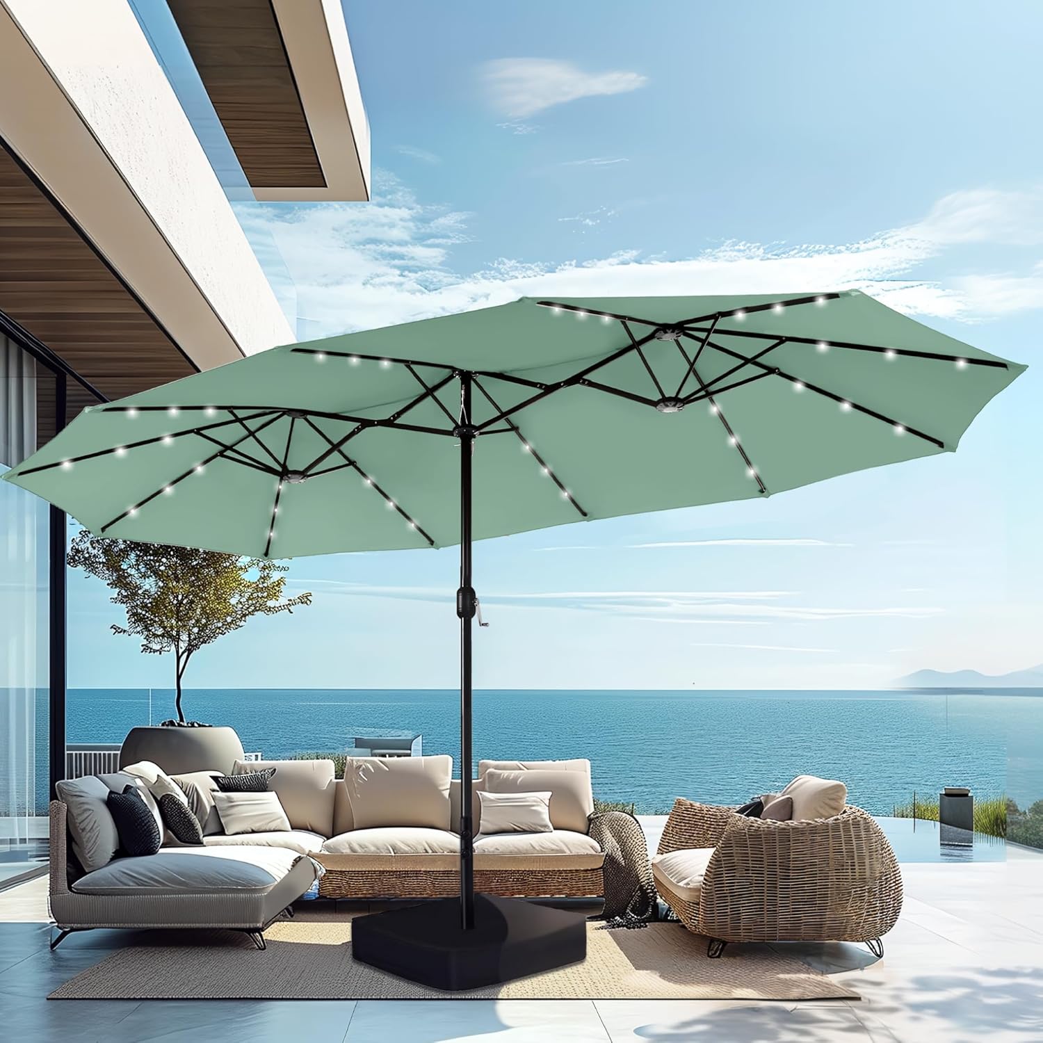 15ft Extra Large Solar LED Double-Sided Umbrella w/ Stand