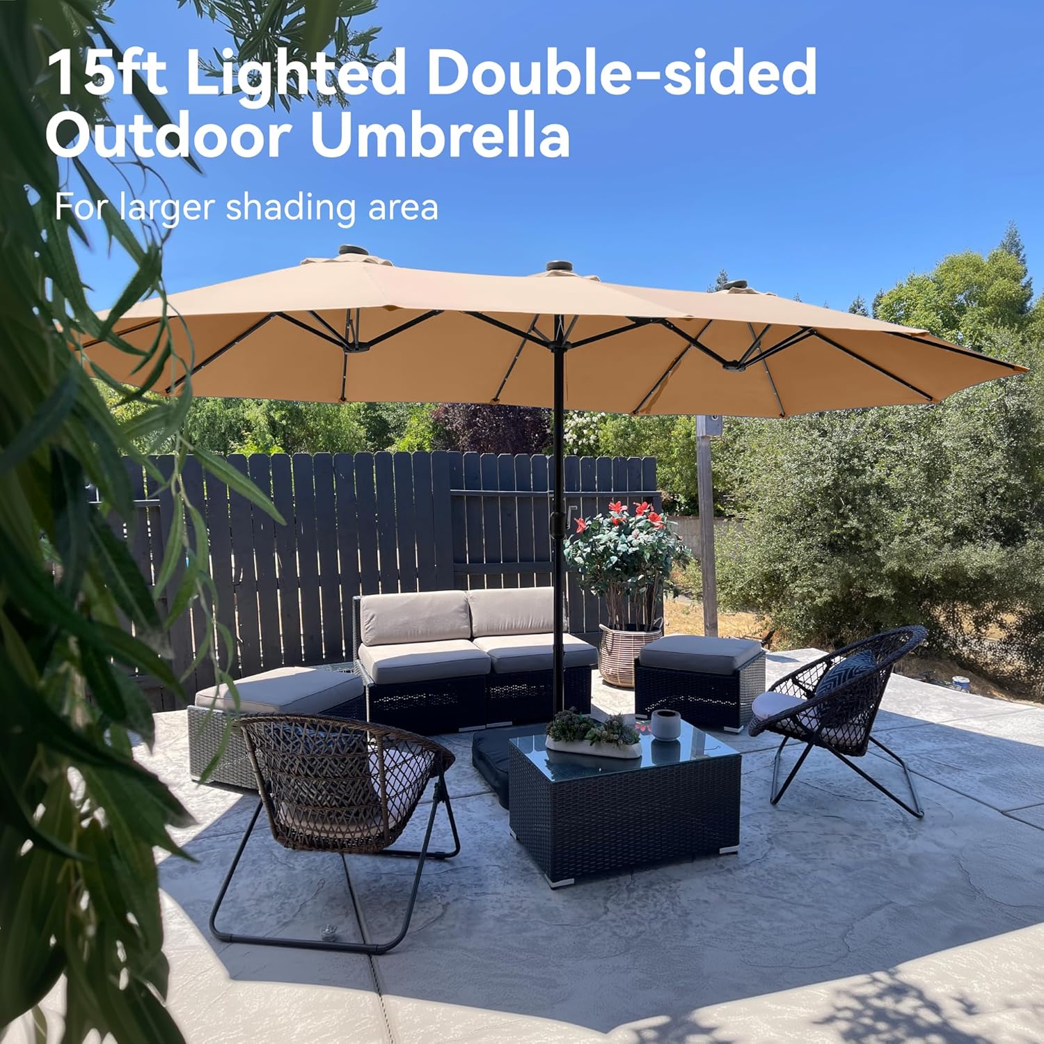 15ft Extra Large Solar LED Double-Sided Umbrella w/ Stand