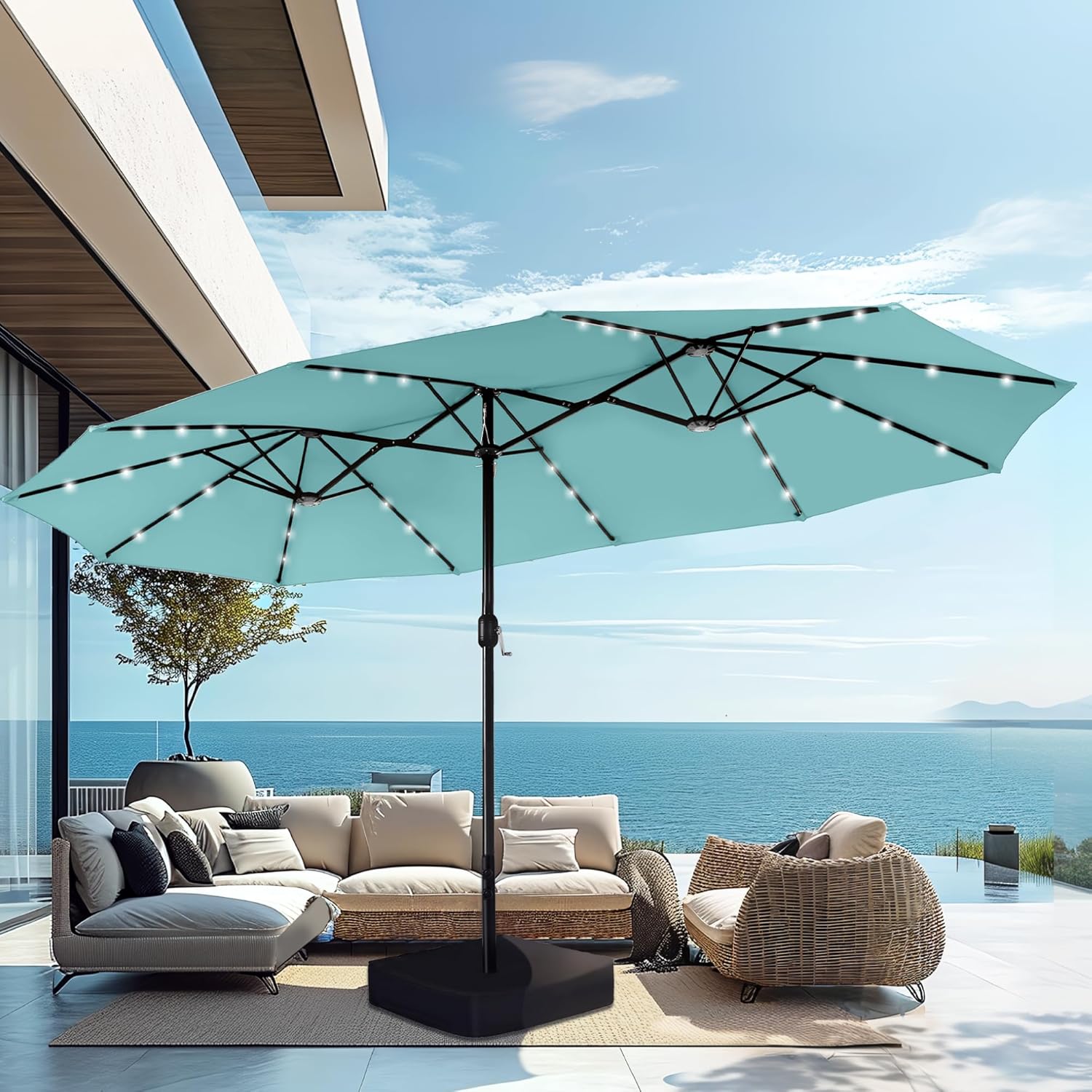 15ft Extra Large Solar LED Double-Sided Umbrella w/ Stand