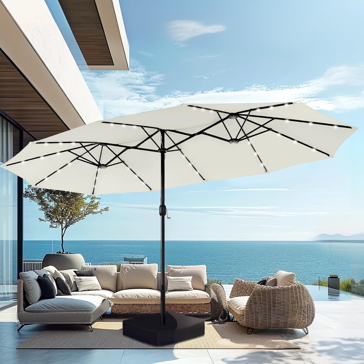 15ft Extra Large Solar LED Double-Sided Umbrella w/ Stand