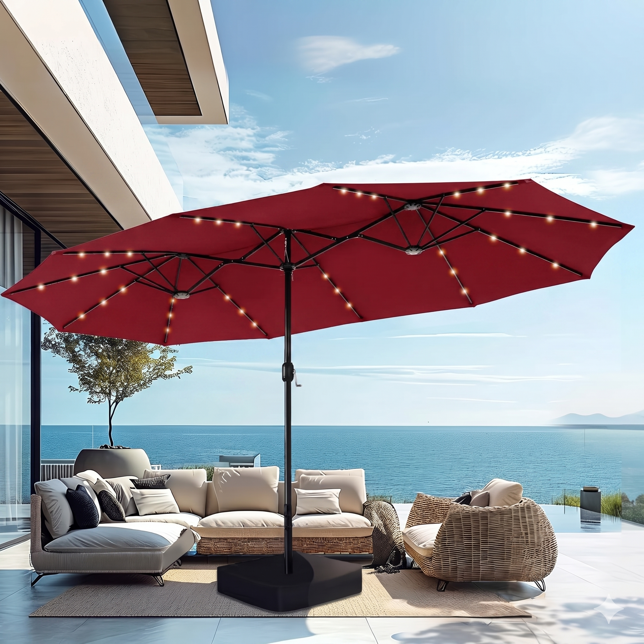 15ft Extra Large Solar LED Double-Sided Umbrella w/ Stand