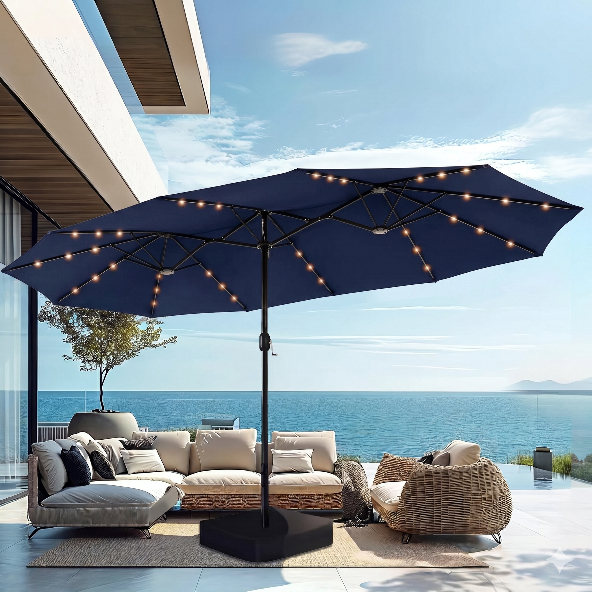 15ft Extra Large Solar LED Double-Sided Umbrella w/ Stand
