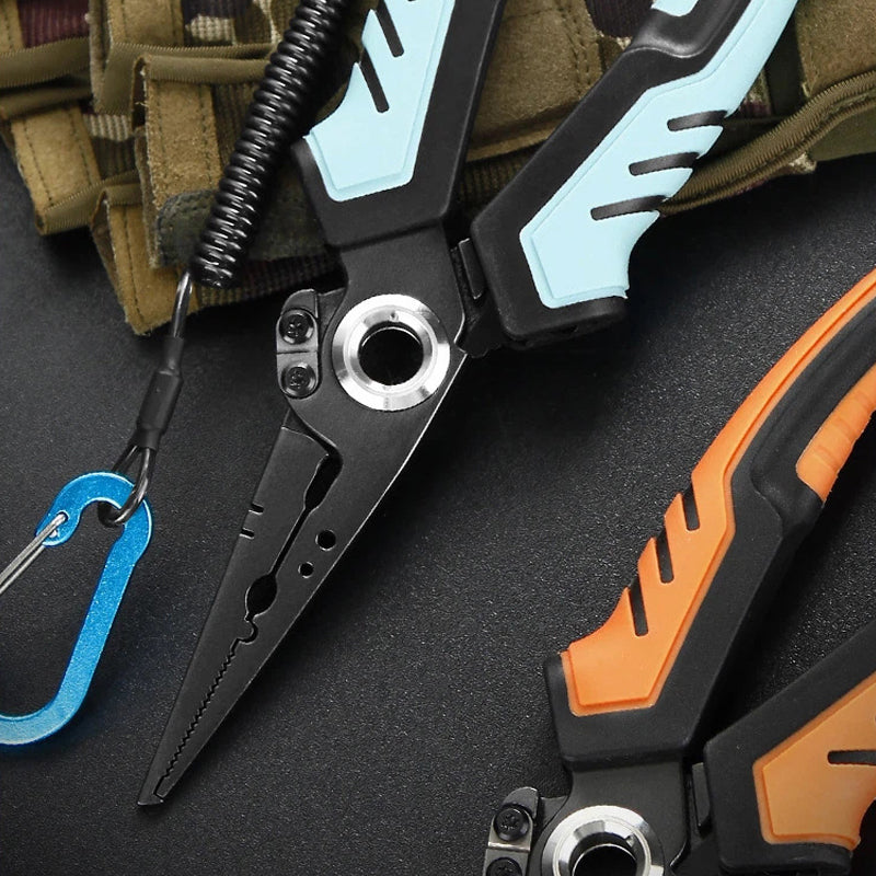 Fishing pliers with sheath and lanyard
