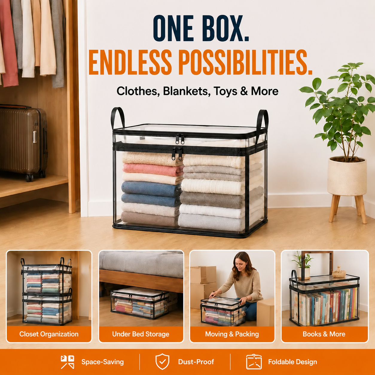 Large Clear Storage Box with Hinged Lid – Save Space & Stay Organized