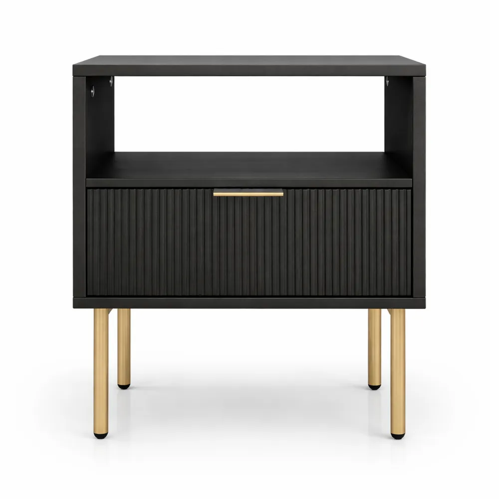 Comodino nero con cassetto e ripiano, design moderno per camera e soggiorno