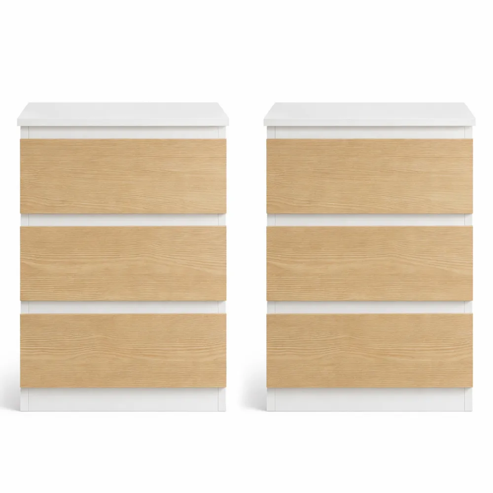 Comodino con Stazione di Ricarica e 3 Cassetti, Set di 2, Bianco e Giallo