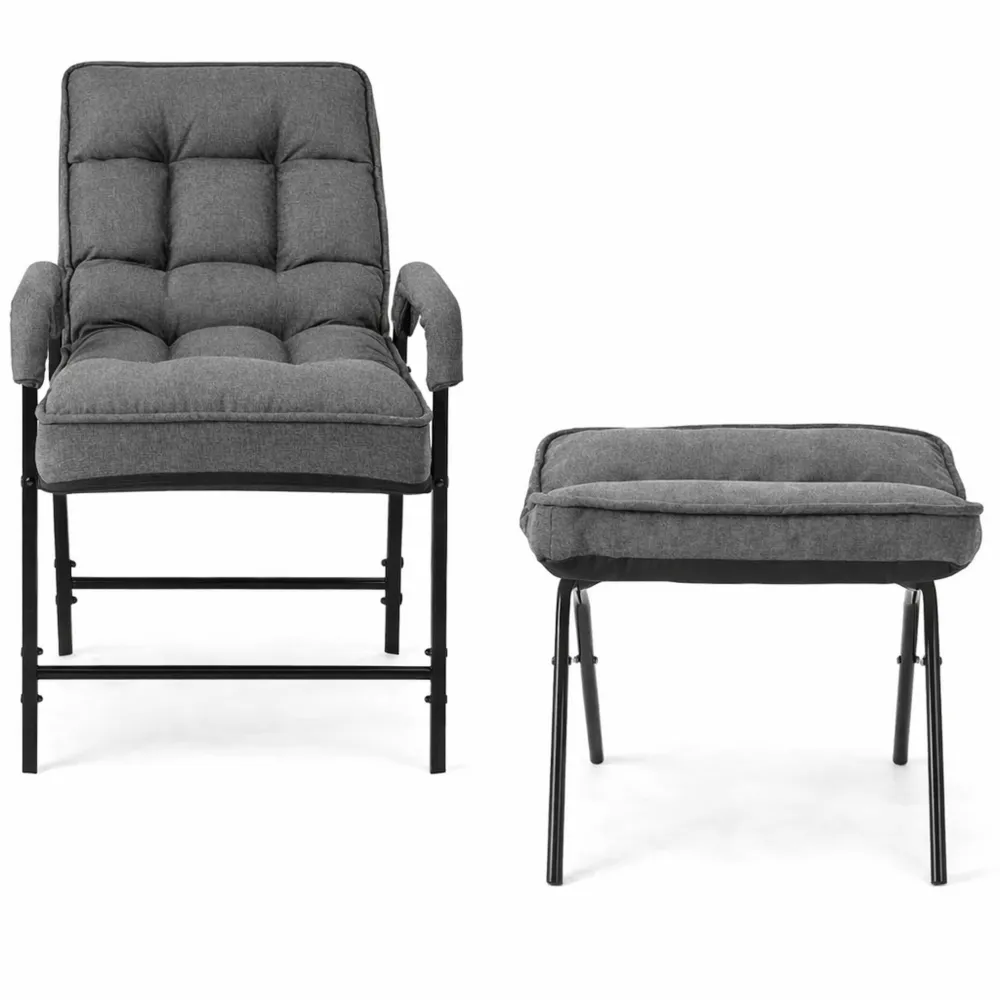 Poltrona Imbottita con Pouf, Schienale Reclinabile a 5 Posizioni, Sedia Sdraio in Lino con Braccioli