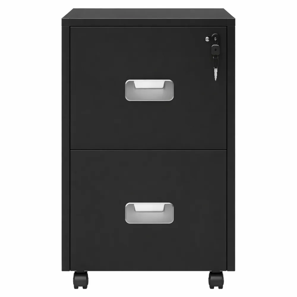 Cassettiera Ufficio con Serratura, 2 Cassetti per Cartelle Sospese, Mobile Portadocumenti con Ruote, Nero
