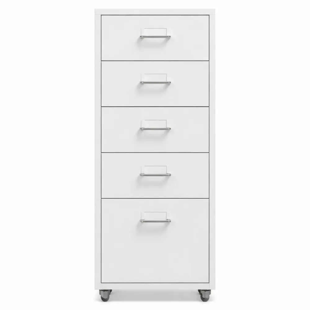 Cassettiera mobile con 5 cassetti in metallo su ruote per ufficio e casa, bianco