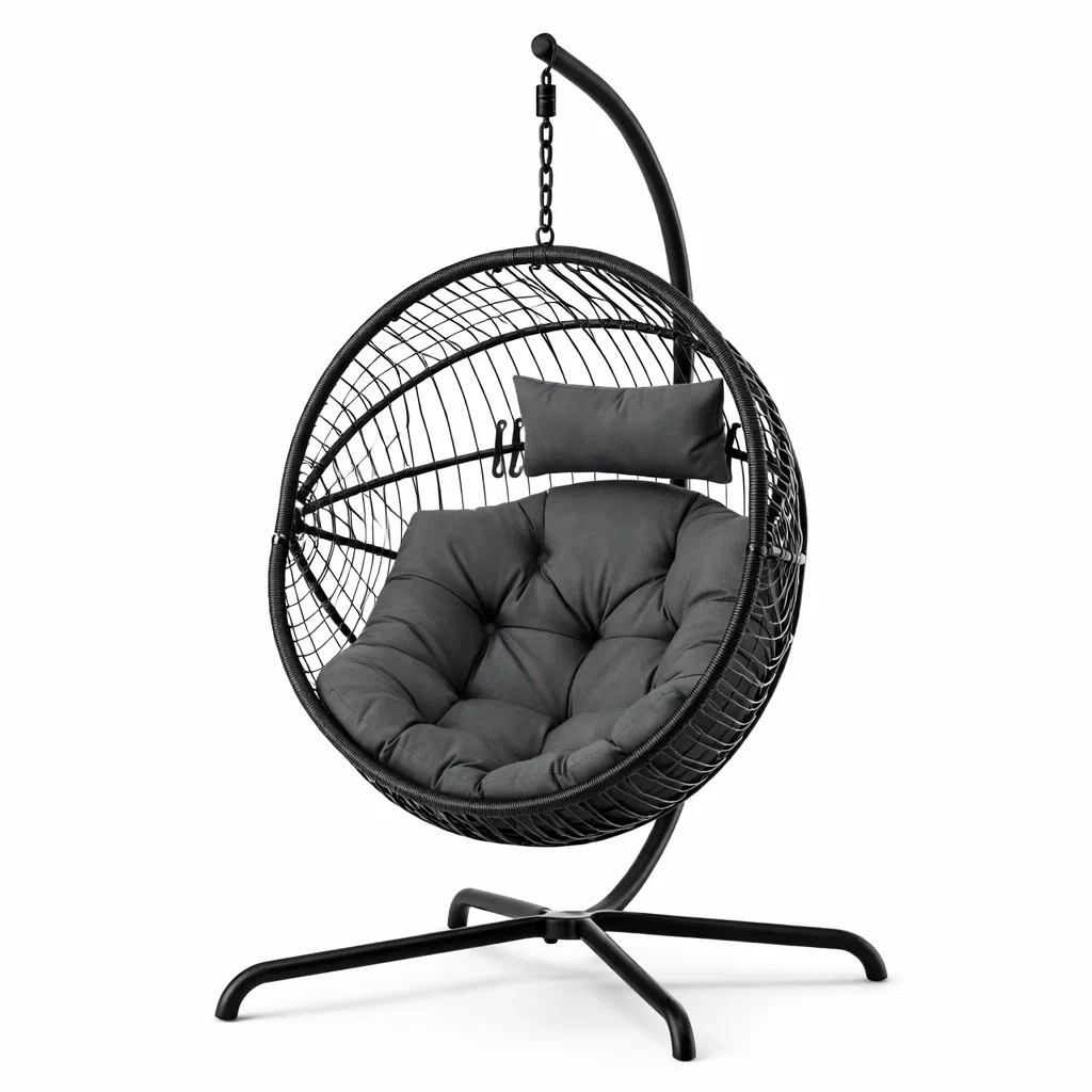 Schwarzer runder Hängesessel aus Stahl mit Polyesterkissen-roombira