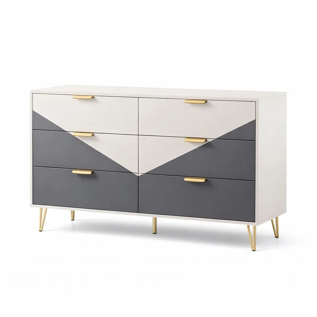 Kommode mit 6 Schubladen aus Holzwerkstoff Weiß Grau mit goldfarbenen Metallgriffen-roombira