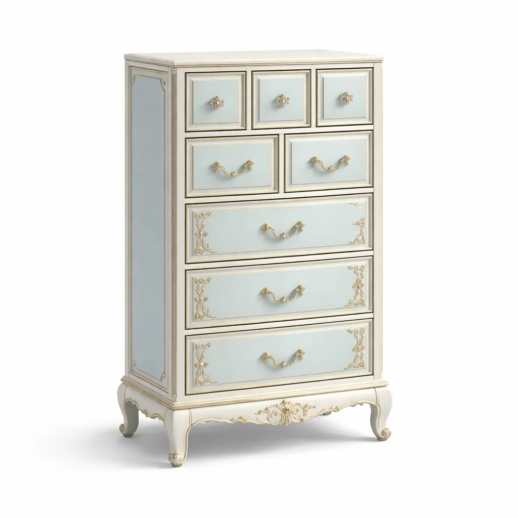 Kommode aus Holz mit blauen und goldenen Verzierungen und 8 Schubladen-roombira